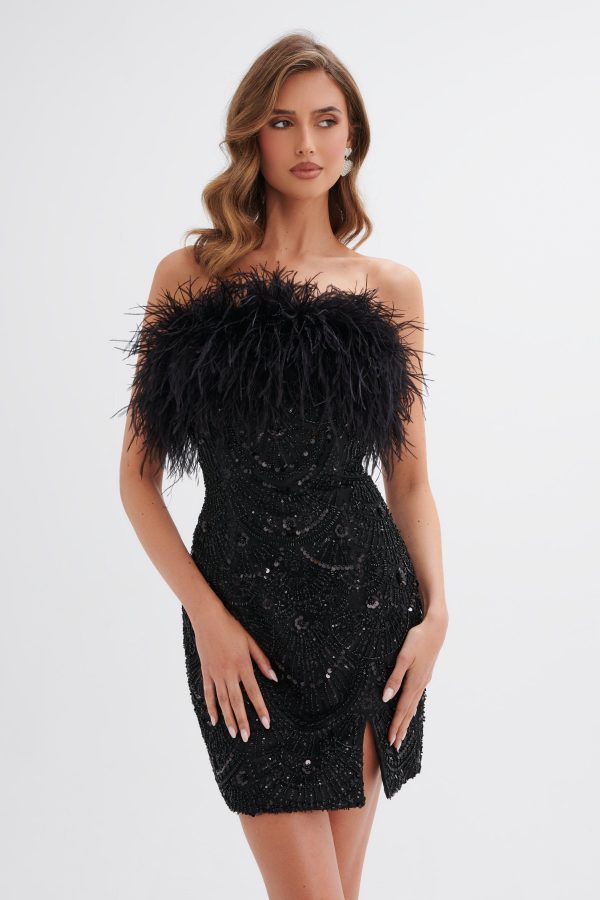 ORELIA Embellished Mini Dress with Feather Trim in Black - Image 2