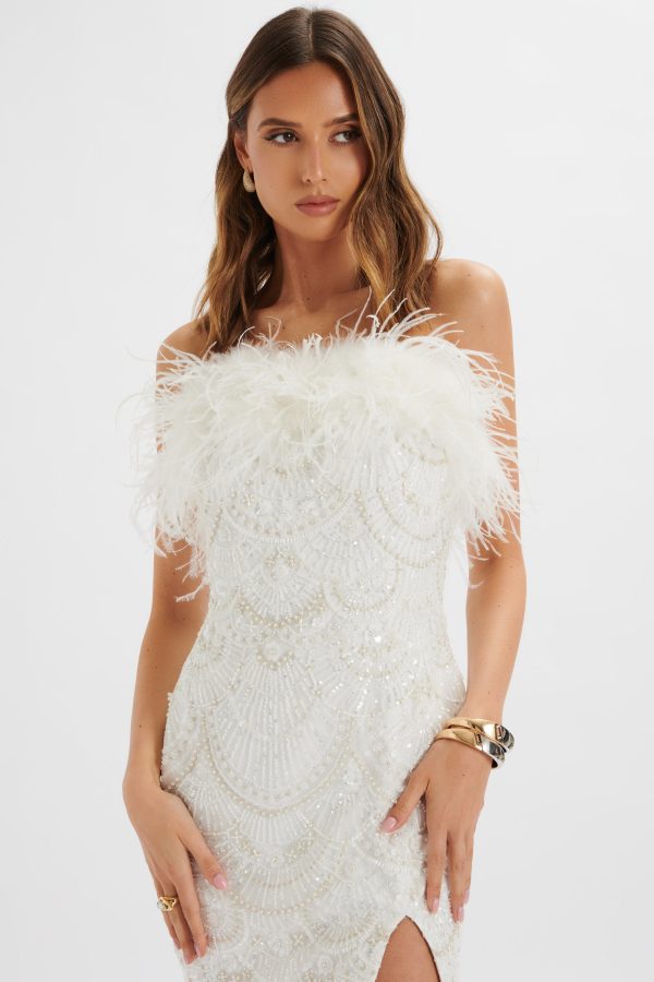 ORELIA Embellished Mini Dress with Feather Trim in White - Image 3