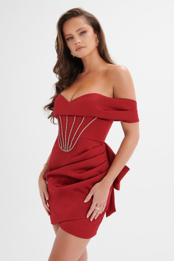 GEORGIE Satin Off Shoulder Lace Up Mini Dress in Burgundy - Image 2