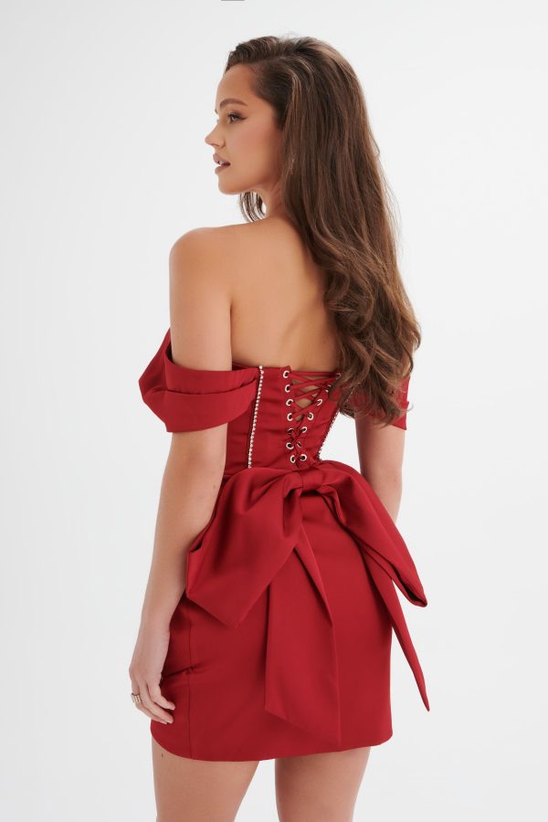 GEORGIE Satin Off Shoulder Lace Up Mini Dress in Burgundy - Image 3