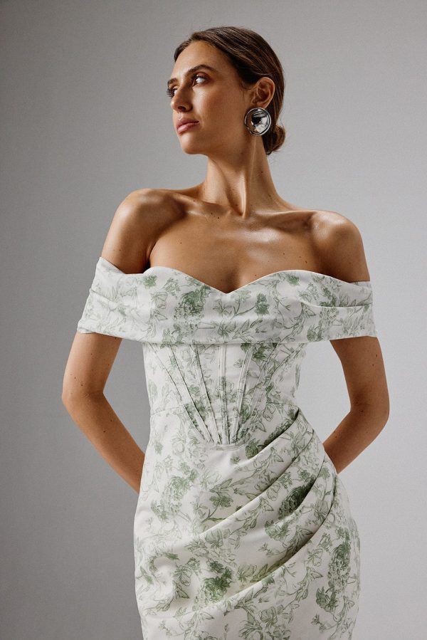 GEORGIE Off Shoulder Lace Up Mini Dress in Sage Porcelain - Image 3