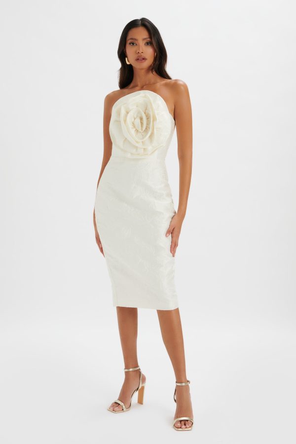 MONTANA 3D Flower Bandeau Dress in White Jacquard - Image 2