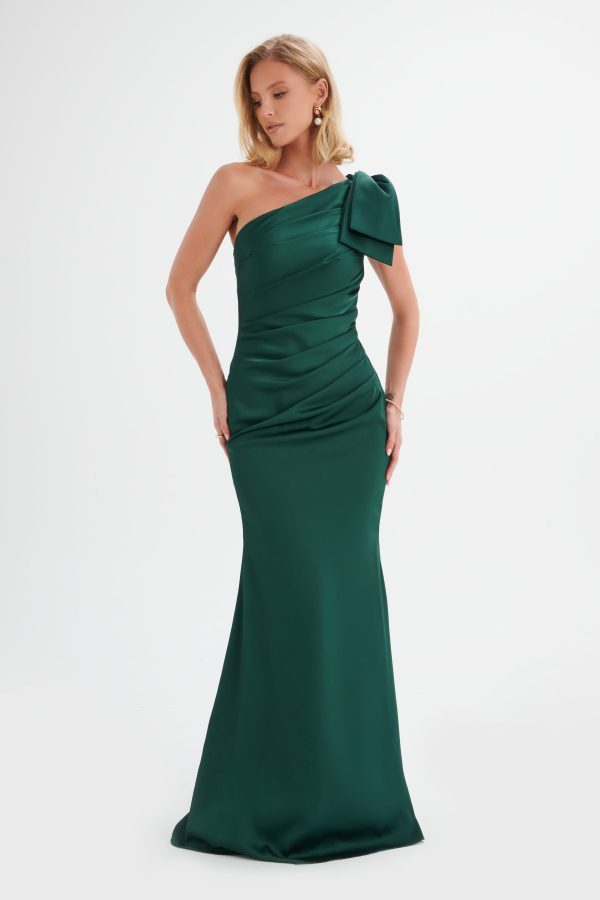 EMELIA One Shoulder Bow Pleated Maxi Dress in Emerald Green - Image 2