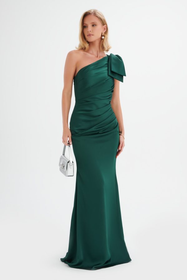 EMELIA One Shoulder Bow Pleated Maxi Dress in Emerald Green - Image 3