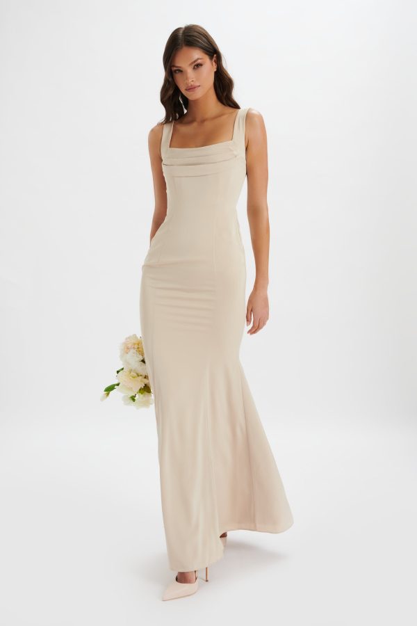 TARA Structured Satin Cowl Front Maxi Dress in Champagne - Image 2