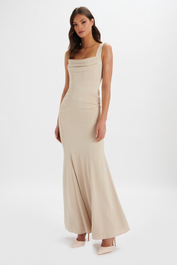 TARA Structured Satin Cowl Front Maxi Dress in Champagne - Image 3