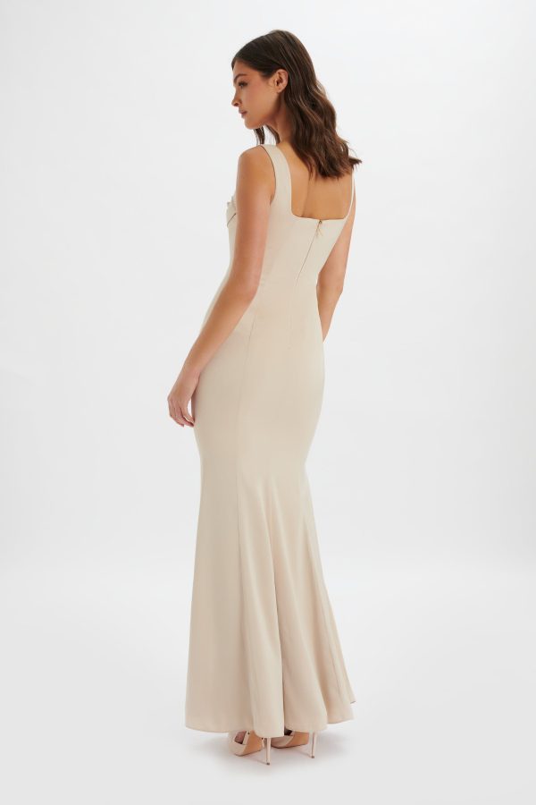 TARA Structured Satin Cowl Front Maxi Dress in Champagne - Image 4