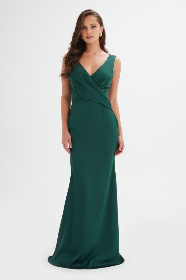 ELLE Draped Wrap Satin Maxi Dress in Emerald Green - Image 4