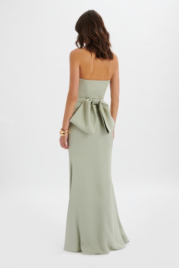 JOVIE Bow Detail Bandeau Satin Maxi Dress in Sage Green - Image 2