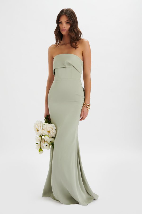 JOVIE Bow Detail Bandeau Satin Maxi Dress in Sage Green - Image 3