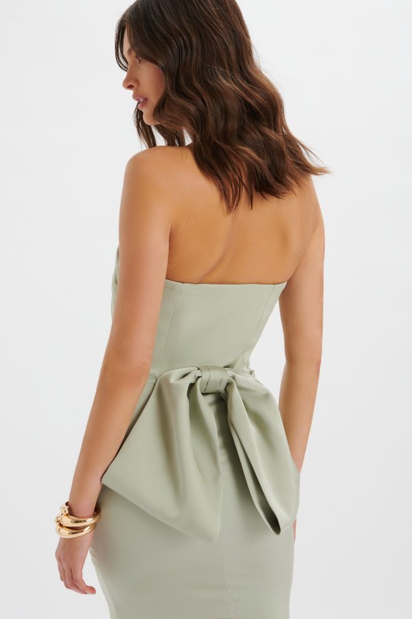 JOVIE Bow Detail Bandeau Satin Maxi Dress in Sage Green - Image 4