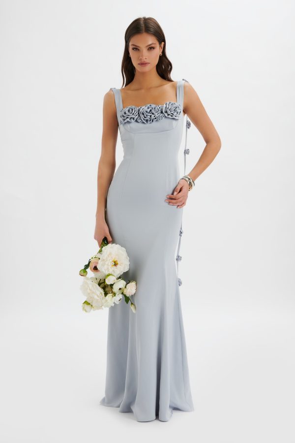 NATALYA 3D Flower Detail Satin Maxi Dress in Blue - Image 2