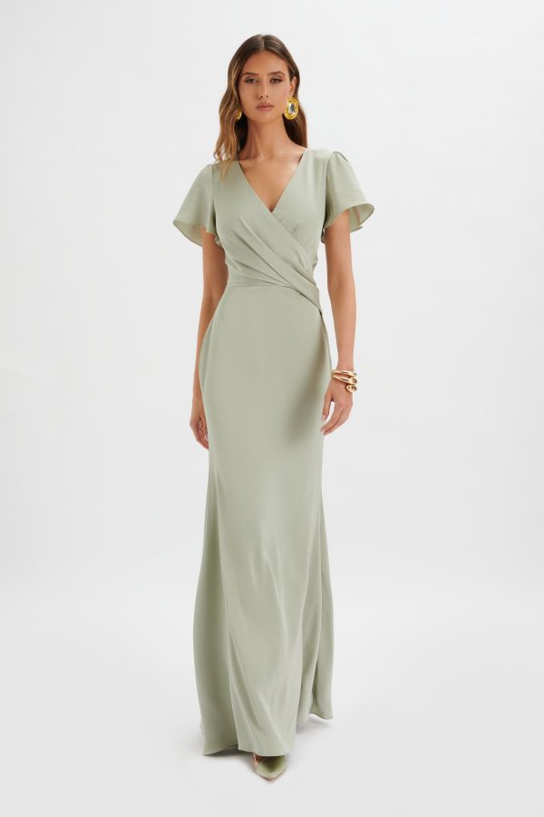 BEAU Draped Wrap Satin Maxi Dress with Sleeves in Sage Green - Image 2