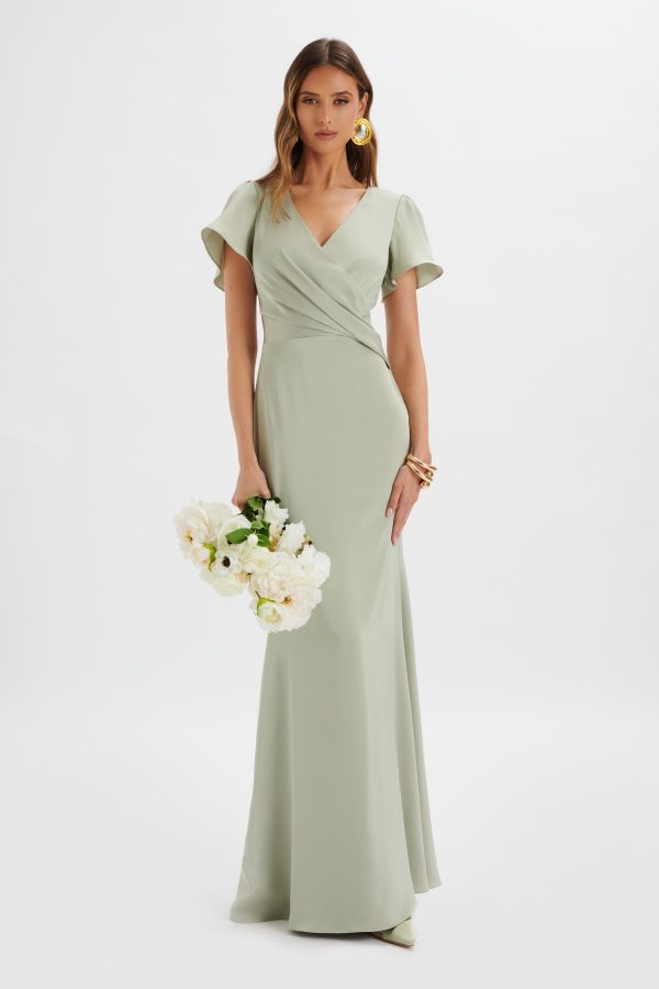 BEAU Draped Wrap Satin Maxi Dress with Sleeves in Sage Green - Image 3