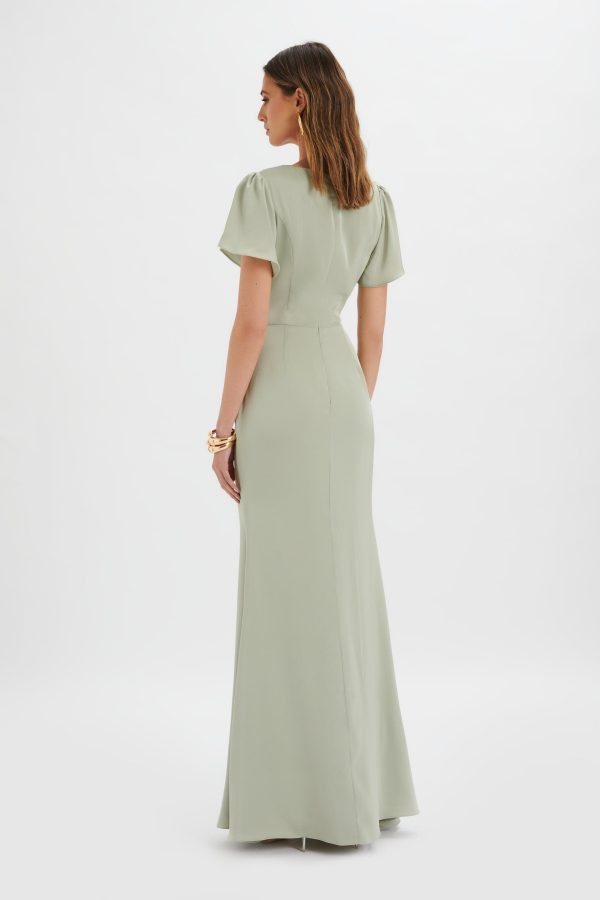 BEAU Draped Wrap Satin Maxi Dress with Sleeves in Sage Green - Image 4