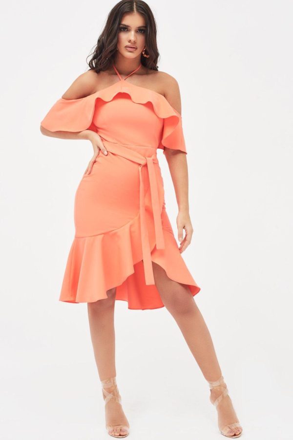 PAISLEY Bardot Frill Halterneck Midi Dress in Neon Coral - Image 3