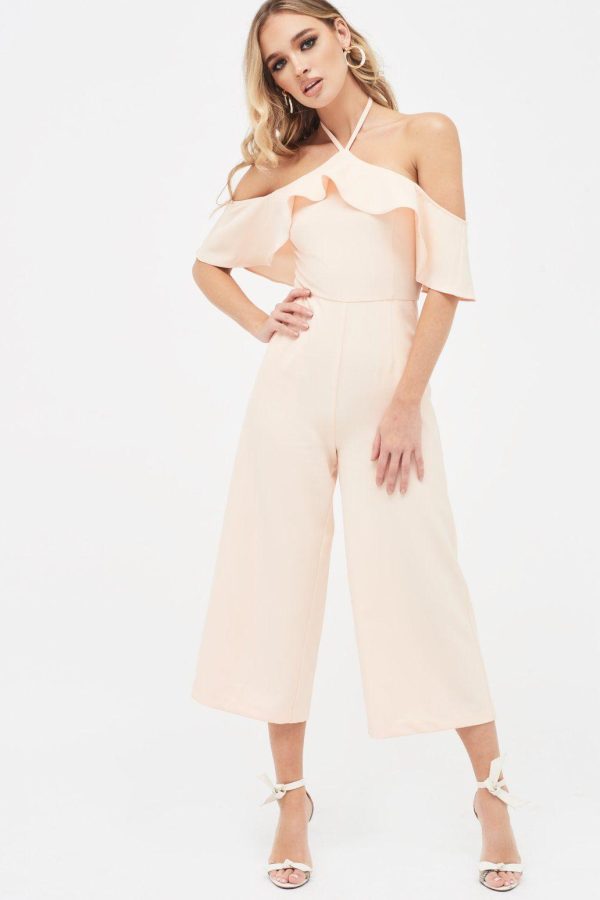 KENNEDY Bardot Frill Halterneck Culotte Leg Jumpsuit in Nude