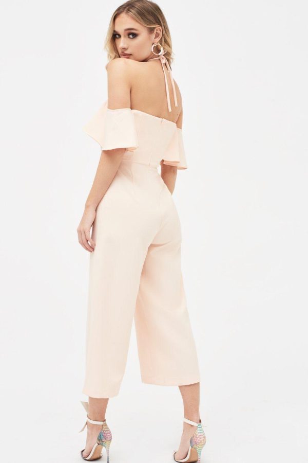 KENNEDY Bardot Frill Halterneck Culotte Leg Jumpsuit in Nude - Image 5