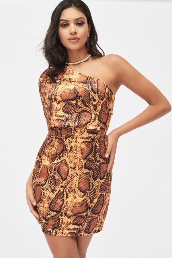EMILIA Satin One Shoulder Cape Mini Dress in Golden Yellow Snake Print - Image 2