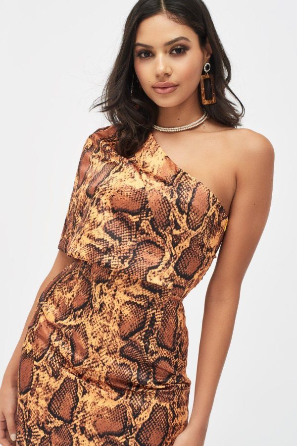 EMILIA Satin One Shoulder Cape Mini Dress in Golden Yellow Snake Print - Image 3