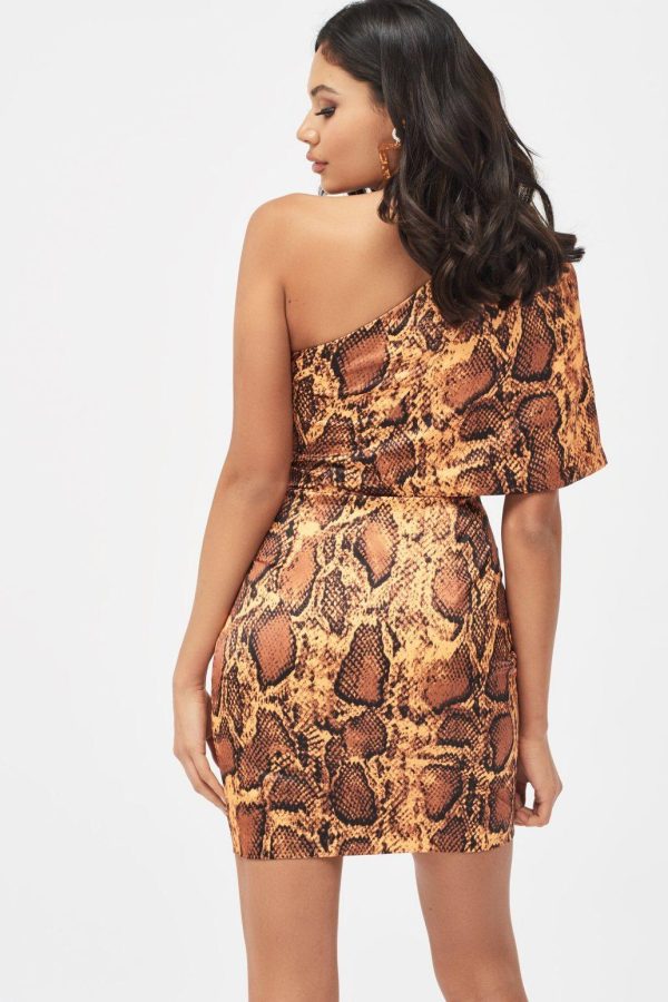 EMILIA Satin One Shoulder Cape Mini Dress in Golden Yellow Snake Print - Image 5