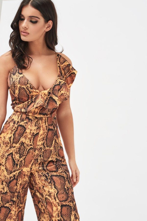 NORA Satin Frill Wrap Culotte Jumpsuit in Golden Yellow Snake Print - Image 2