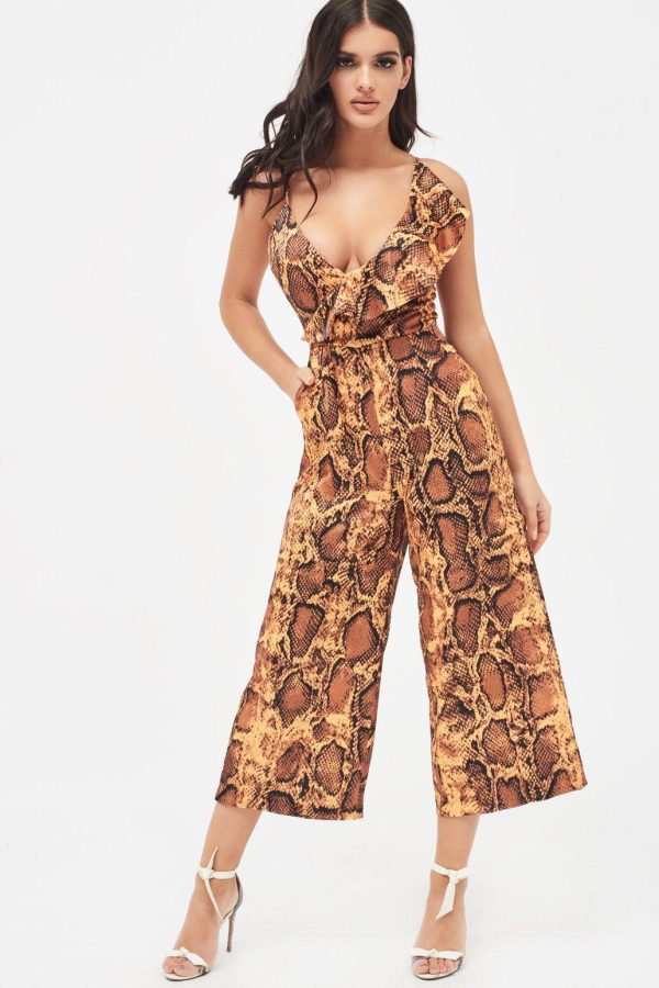 NORA Satin Frill Wrap Culotte Jumpsuit in Golden Yellow Snake Print - Image 3