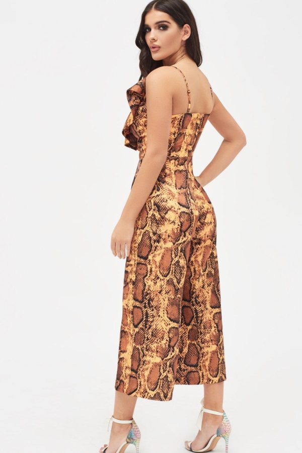 NORA Satin Frill Wrap Culotte Jumpsuit in Golden Yellow Snake Print - Image 5