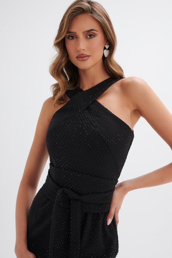 BRIELLE Crystal Embellished Obi Belted Halterneck Midi Dress in Black - Image 3