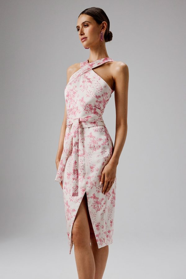 BRIELLE Bonded Satin Obi Belted Halterneck Midi Dress in Pink Porcelain - Image 2