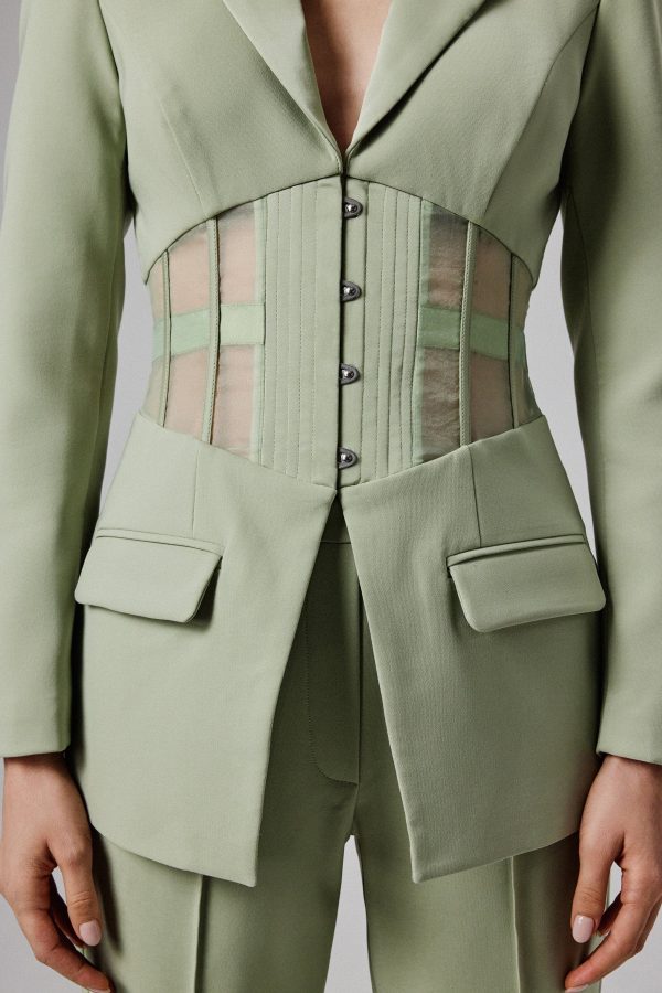 ROSIE Sheer Satin Mix Corset Blazer in Sage Green - Image 2