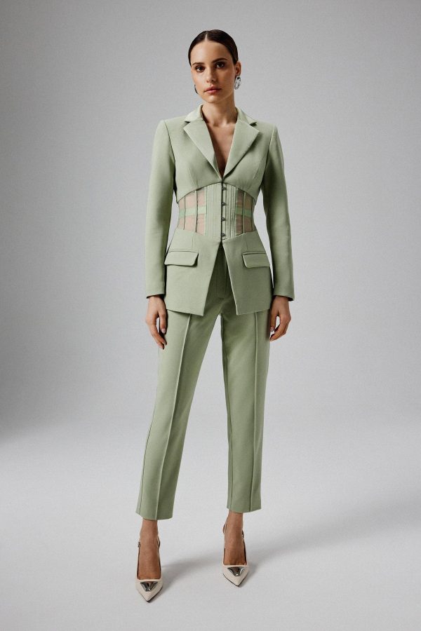 ROSIE Sheer Satin Mix Corset Blazer in Sage Green - Image 3
