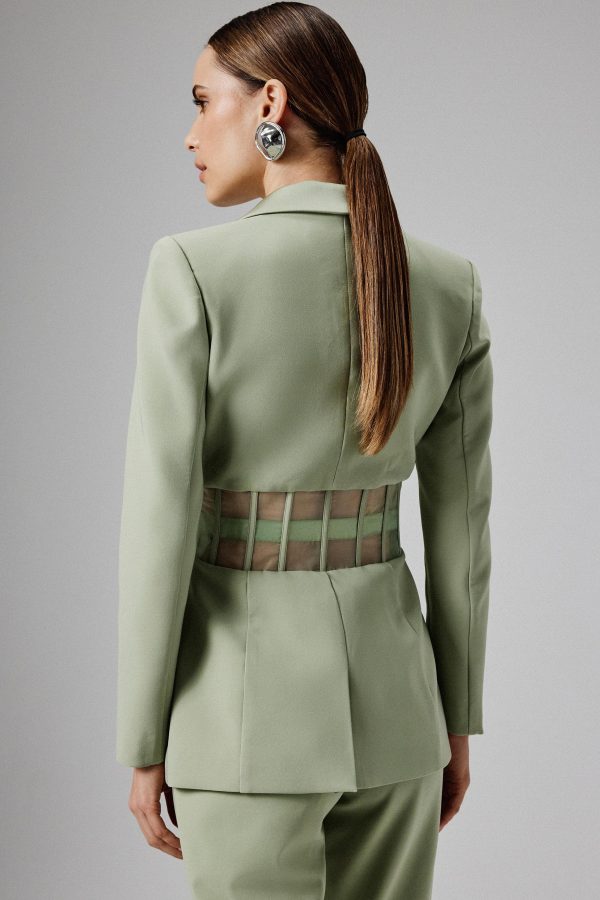 ROSIE Sheer Satin Mix Corset Blazer in Sage Green - Image 4
