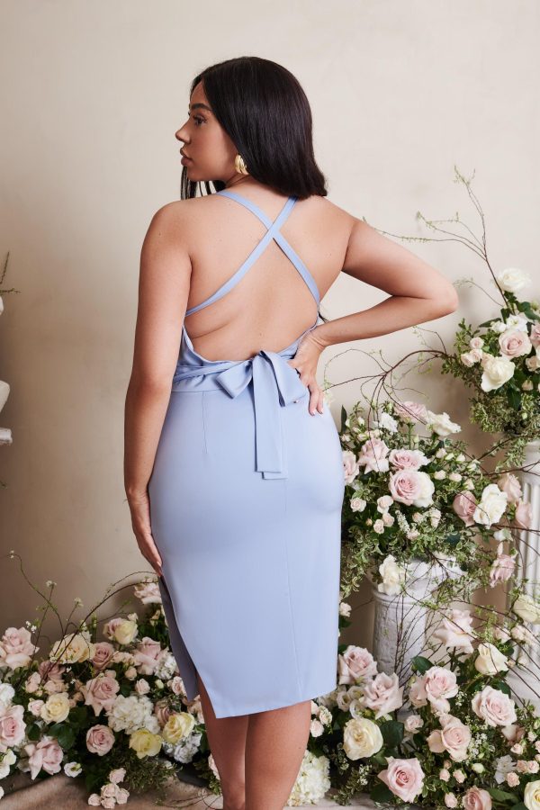 LILIANA Curve Cross Back Cowl Neck Midi Dress in Cornflower Blue - Image 2