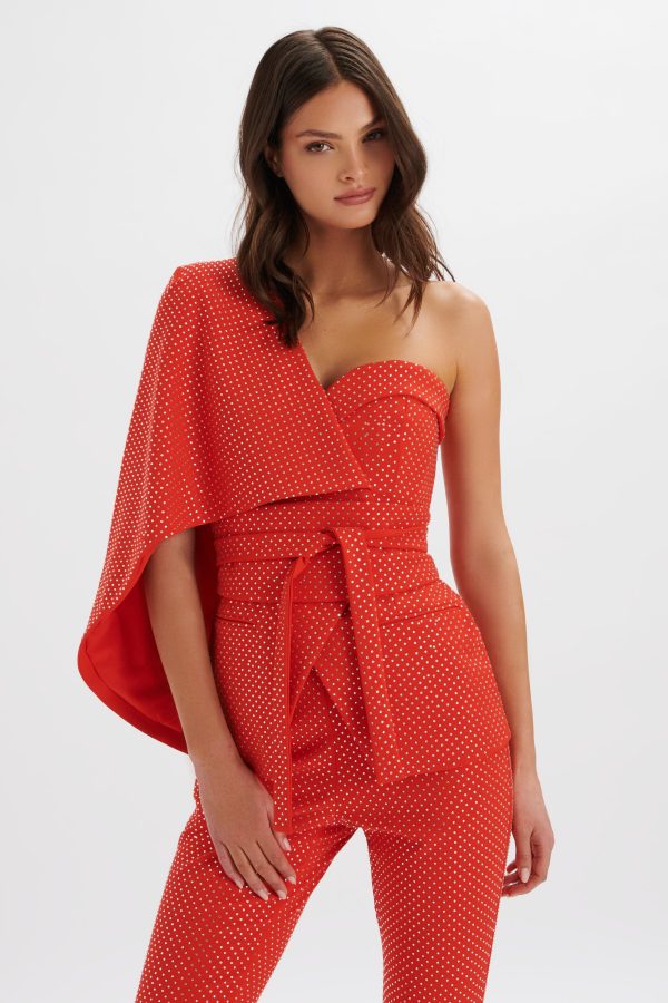ERIN Crystal Embellished Asymmetric Cape Blazer in Red - Image 2