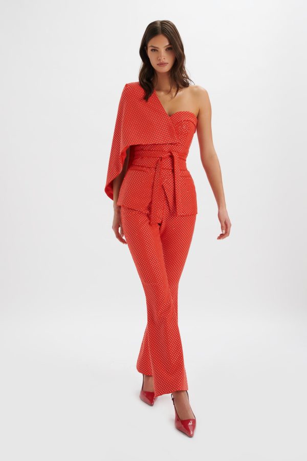 ERIN Crystal Embellished Asymmetric Cape Blazer in Red - Image 3