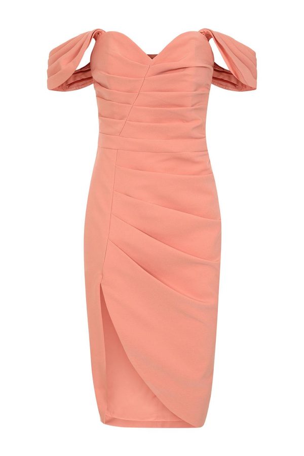 HAILEY Pleated Bardot Midi Dress In Coral - Image 6