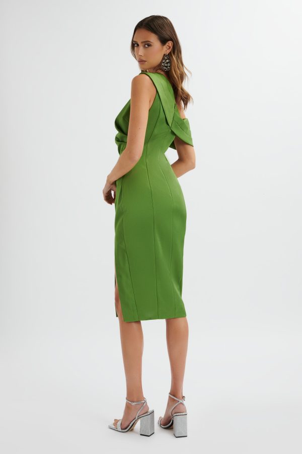 AUTUMN Pleated One Shoulder Bonded Satin Midi Dress In Green - Image 4