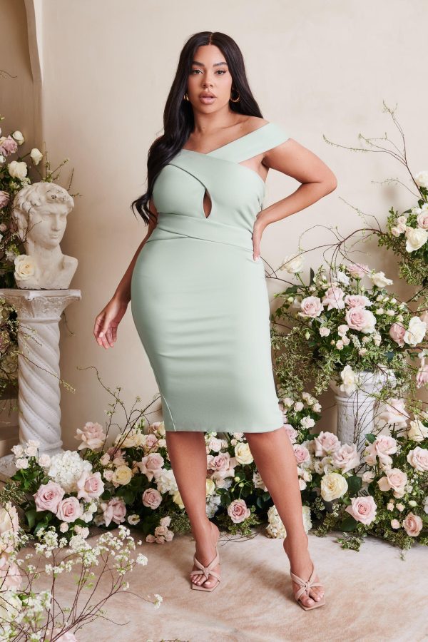 RAELYNN Curve Off Shoulder Wrap Ponte Dress in Sage - Image 2