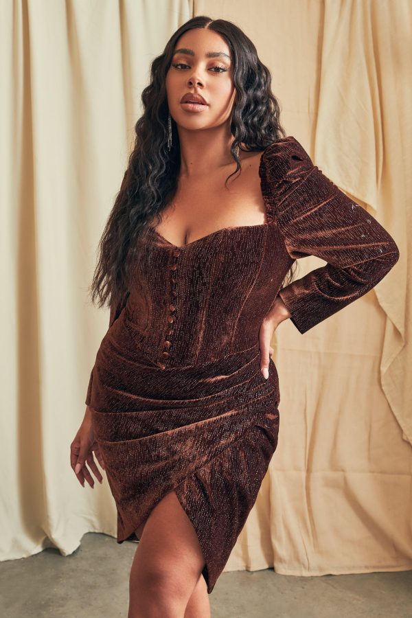 ESME Curve Diamante Velvet Puff Sleeve Midi Dress in Chocolate - Image 2