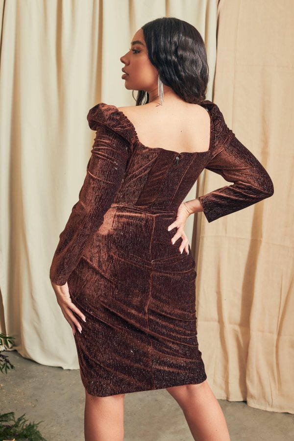 ESME Curve Diamante Velvet Puff Sleeve Midi Dress in Chocolate - Image 3