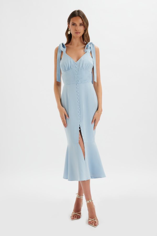 KAMILA Tie Strap Micro Button Midi Dress In Deep Corn Flower Blue - Image 2