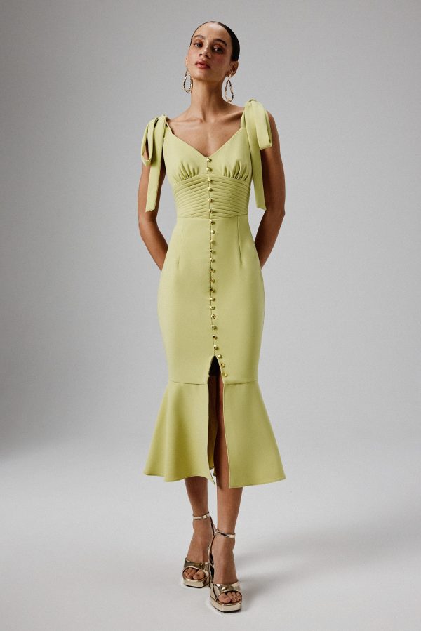 KAMILA Tie Strap Micro Shell Button Midi Dress in Lime Green - Image 2