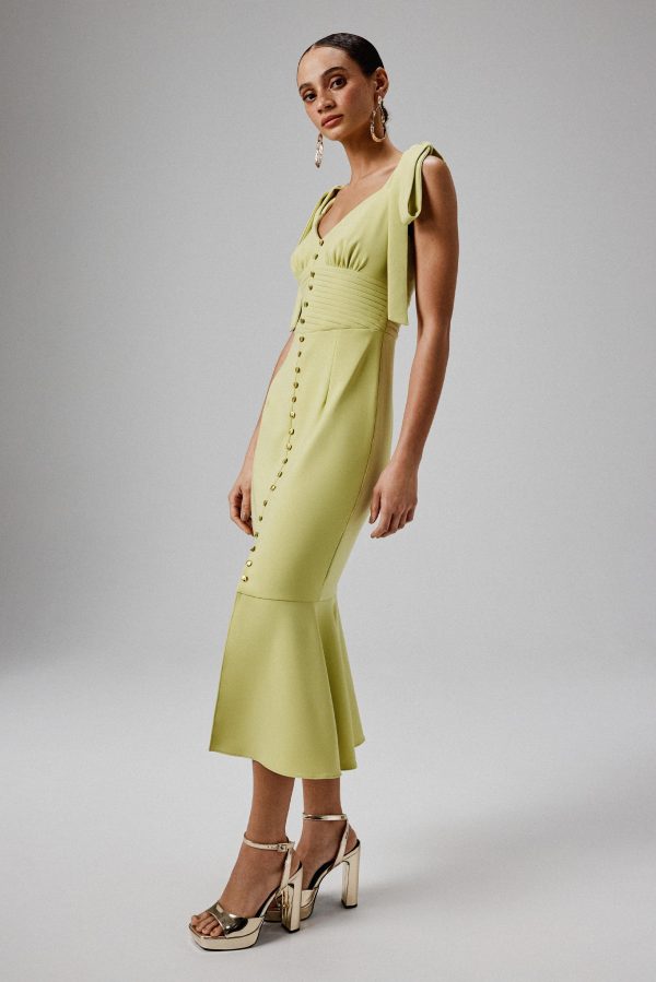 KAMILA Tie Strap Micro Shell Button Midi Dress in Lime Green - Image 3