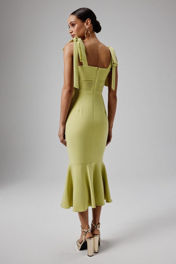 KAMILA Tie Strap Micro Shell Button Midi Dress in Lime Green - Image 4