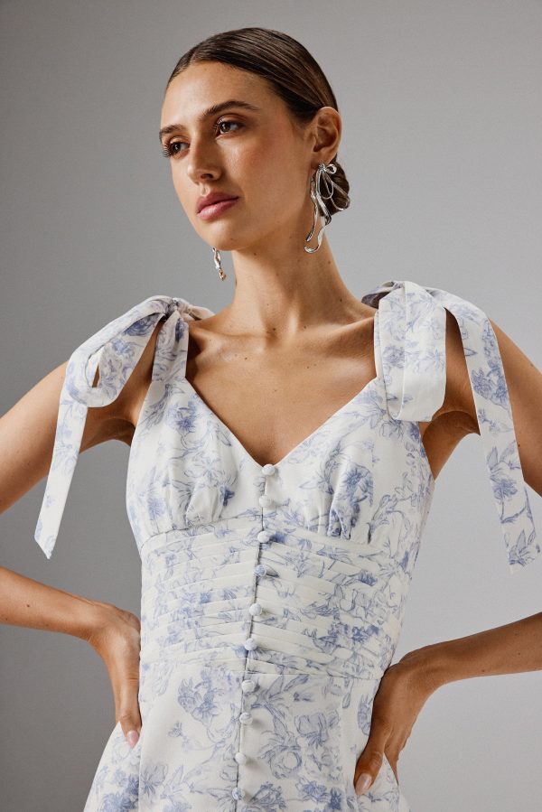 KAMILA Tie Strap Micro Button Crepe Midi Dress in Blue Porcelain Print - Image 2