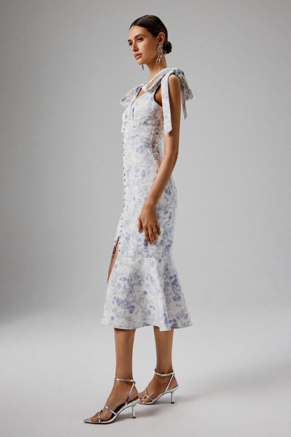 KAMILA Tie Strap Micro Button Crepe Midi Dress in Blue Porcelain Print - Image 3