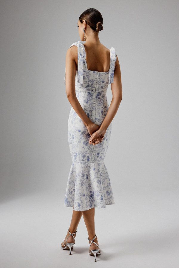 KAMILA Tie Strap Micro Button Crepe Midi Dress in Blue Porcelain Print - Image 4