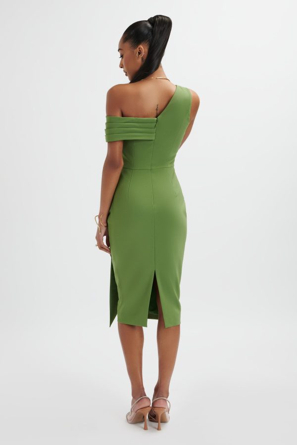 HANNAH Pleated Asymmetric Off Shoulder Midi Dress In Green - Image 4