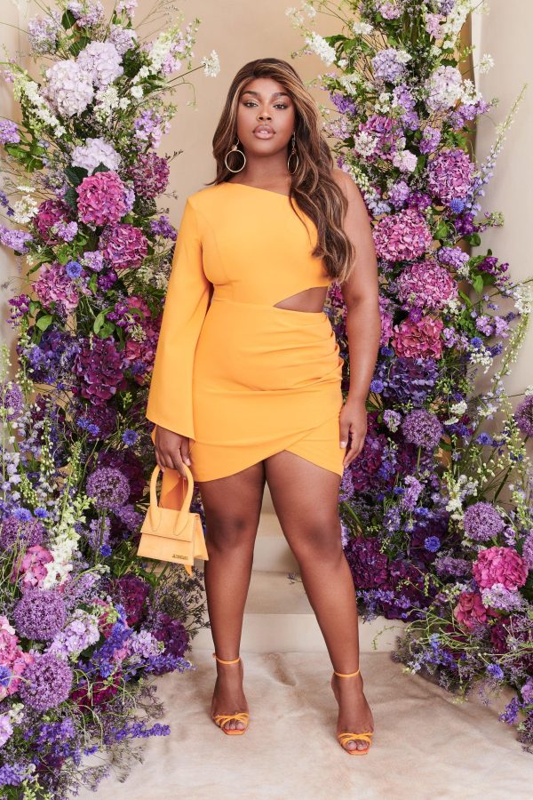 RILEY Curve One Shoulder Cape Mini Dress In Mango Orange - Image 2